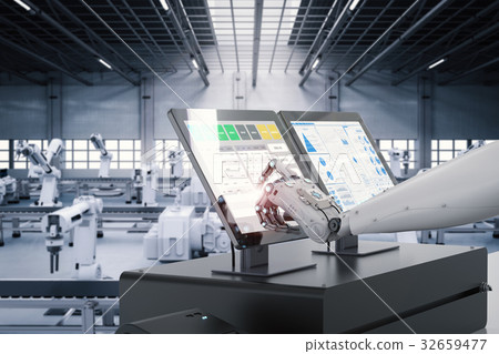 robot working on monitor screen 32659477