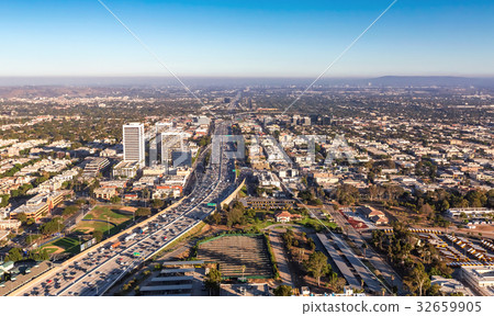 Aerial view of traffic on a highway in LA 32659905