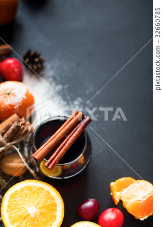 Mulled Wine Spices Fruits Black Background Drink 32660785