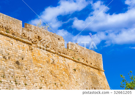 Greek flag in castle Fortezza. Rethymno, Crete Greek flag in castle Fortezza. Rethymno, Crete 32661205