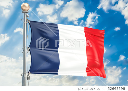 French flag waving in blue cloudy sky 32662396