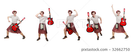 Scotsman playing guitar isolated on white 32662750