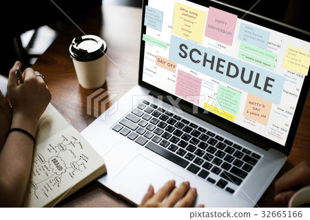 Hands working on laptop network graphic overlay 32665166