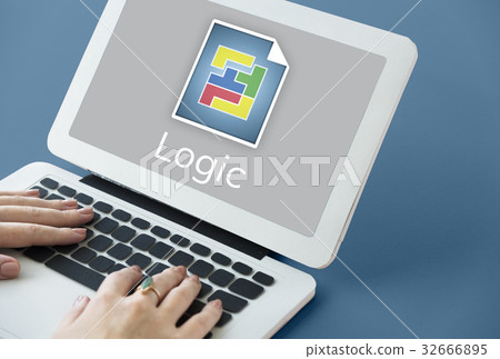 Hands working on laptop network graphic overlay 32666895