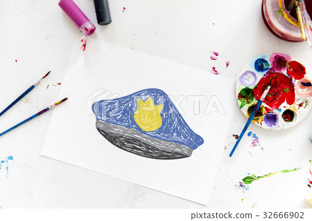 Children with a drawing of police hat 32666902