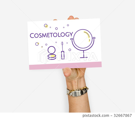 Hand holding illustration of beauty cosmetics makeover skincare banner Hand holding illustration of beauty cosmetics makeover skincare banner 32667867