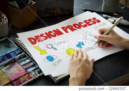 Hands working on notepad network graphic overlay 32668307