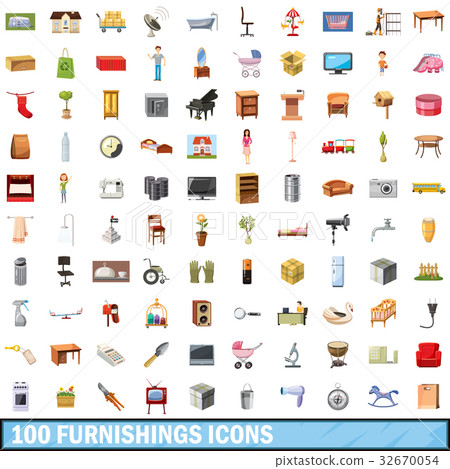 100 furnishings icons set, cartoon style 100 furnishings icons set, cartoon style 32670054
