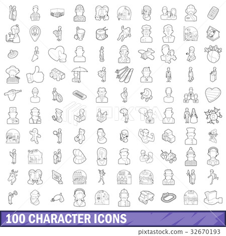 100 character icons set, outline style 32670193