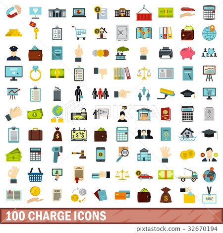 100 charge icons set, flat style 32670194