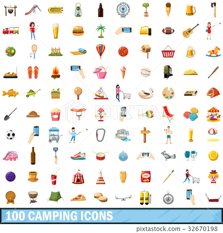 100 camping icons set, cartoon style 100 camping icons set, cartoon style 32670198