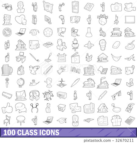 100 class icons set, outline style 32670211