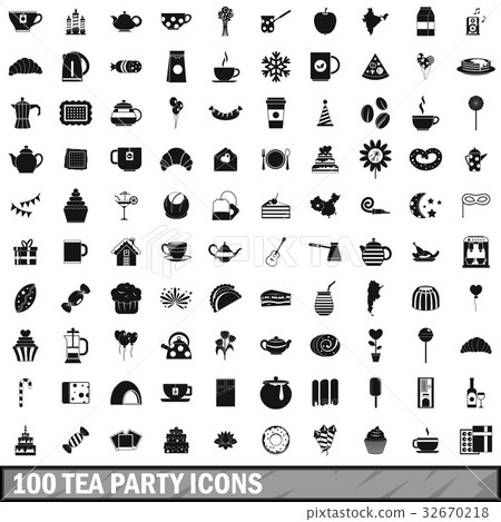 100 tea party icons set, simple style 100 tea party icons set, simple style 32670218