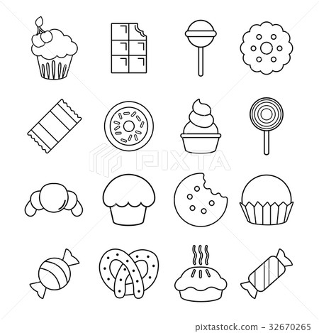 插图素材: sweets candy cakes icons set, outline style
