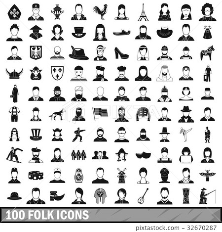 100 folk icons set, simple style 100 folk icons set, simple style 32670287