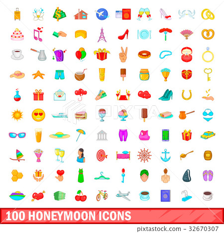 100 honeymoon icons set, cartoon style 100 honeymoon icons set, cartoon style 32670307