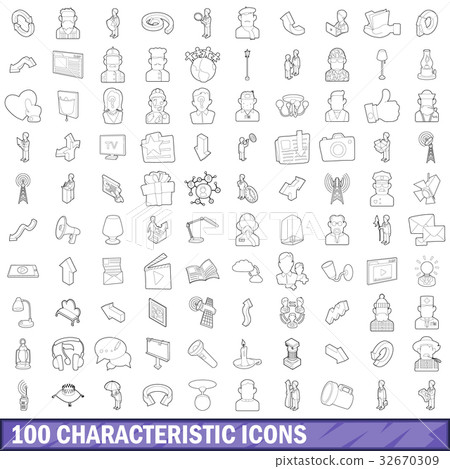 100 characteristic icons set, outline style 32670309