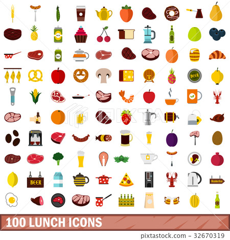 100 lunch icons set, flat style 32670319