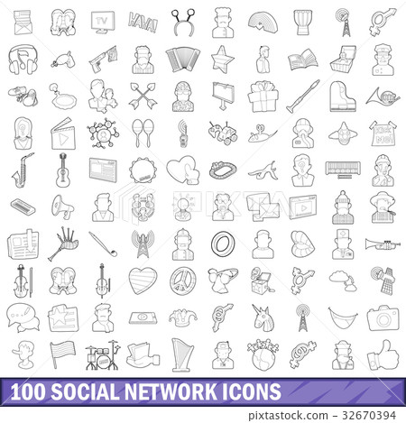 100 social network icons set, outline style - Stock Illustration ...