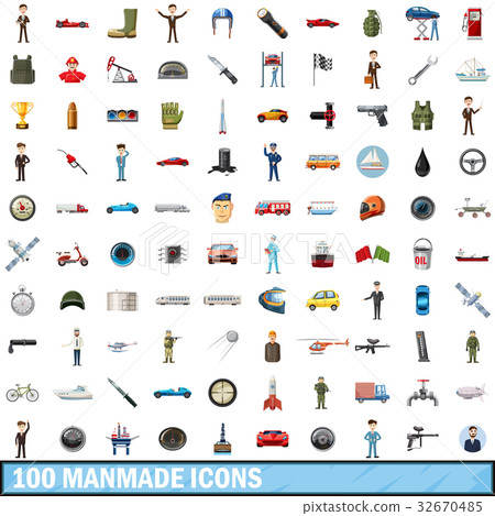 100 manmade icons set, cartoon style 32670485