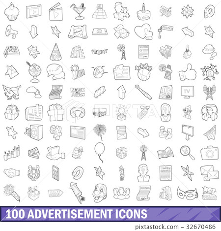 100 advertisement icons set, outline style 32670486