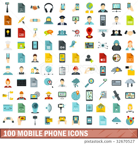 100 mobile phone icons set, flat style 32670527