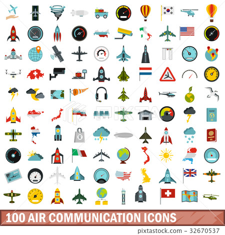 100 air communication icons set, flat style 32670537