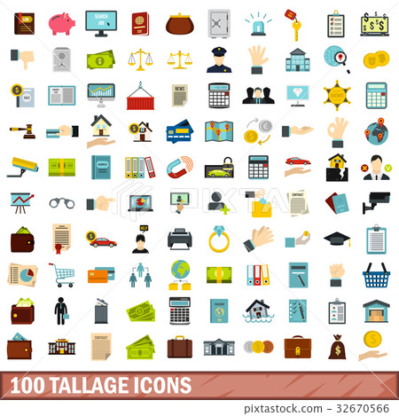 100 tallage icons set, flat style 32670566