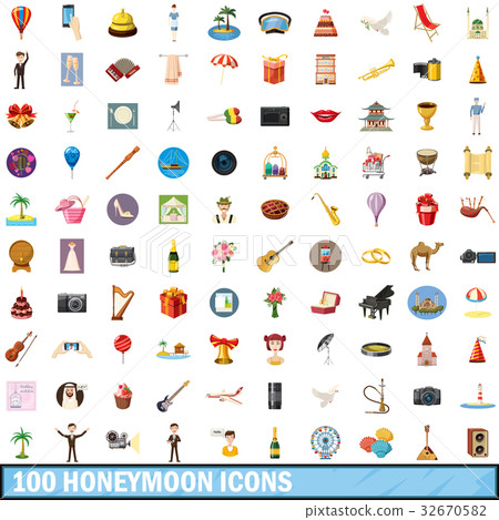 100 honeymoon icons set, cartoon style 32670582