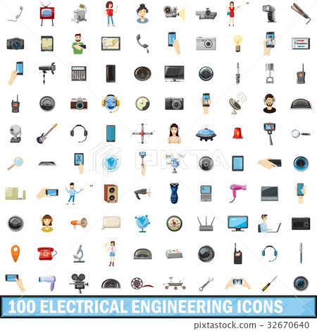 100 electrical engineering icons set, cartoon 32670640