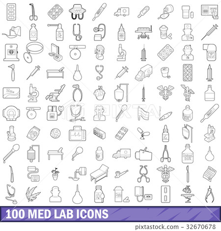 100 med lab icons set, outline style 32670678