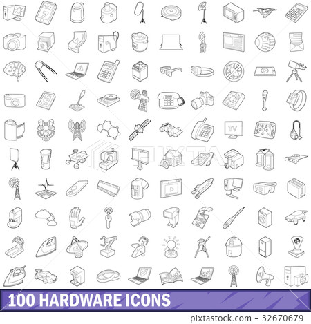 100 hardware icons set, outline style 32670679