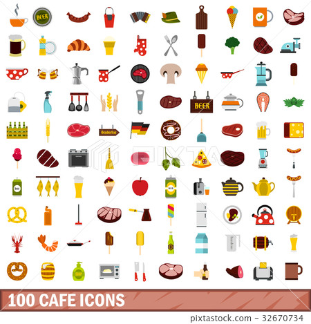 100 cafe icons set, flat style - Stock Illustration [32670734] - PIXTA