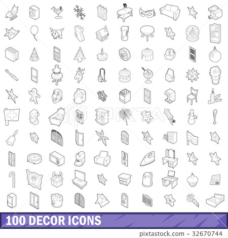100 decor icons set, outline style 100 decor icons set, outline style 32670744