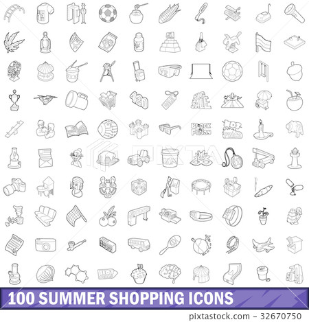 100 summer shopping icons set, outline style 32670750