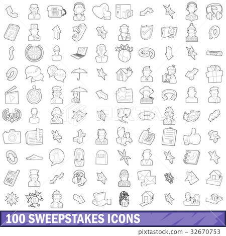 100 sweepstakes icons set, outline style 32670753