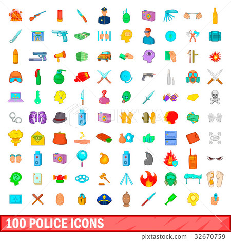 100 police icons set, cartoon style 32670759