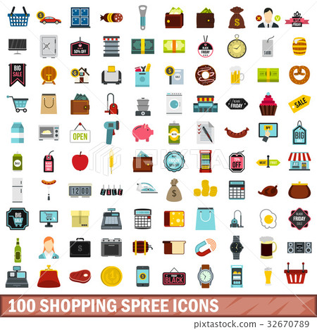100 shopping spree icons set, flat style 32670789