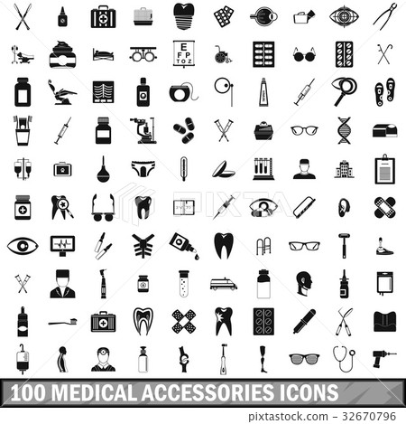 100 medical accessories icons set, simple style 32670796