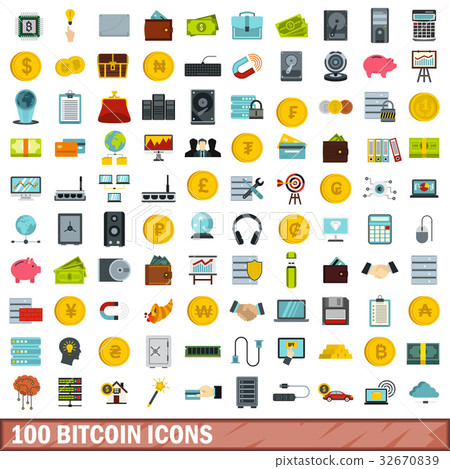 100 bitcoin icons set, flat style 32670839