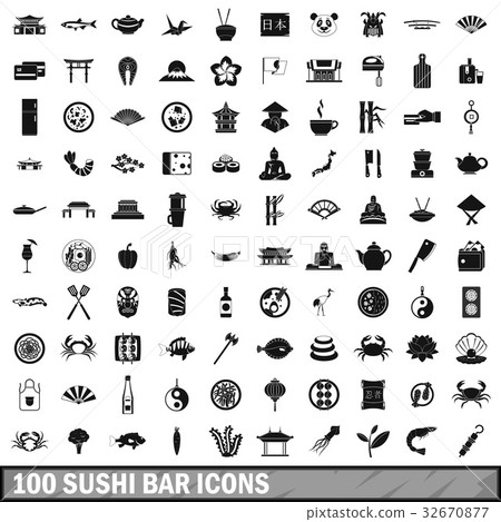 100 sushi bar icons set, simple style 100 sushi bar icons set, simple style 32670877