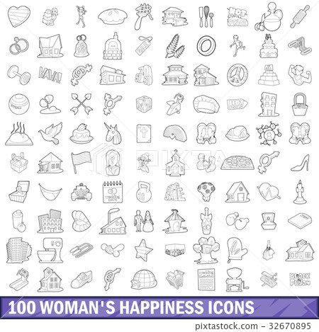 100 woman happiness icons set, outline style - Stock Illustration ...