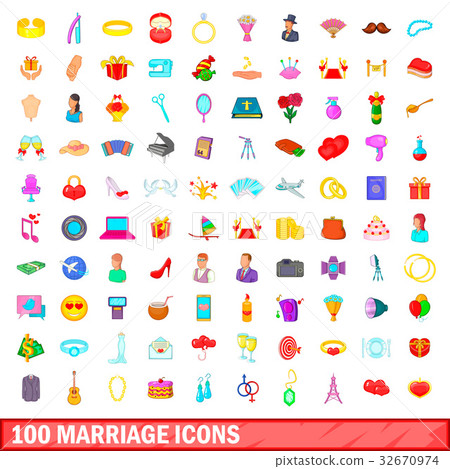 100 marriage icons set, cartoon style 32670974