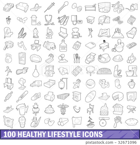 100 healthy lifestyle icons set, outline style 100 healthy lifestyle icons set, outline style 32671096