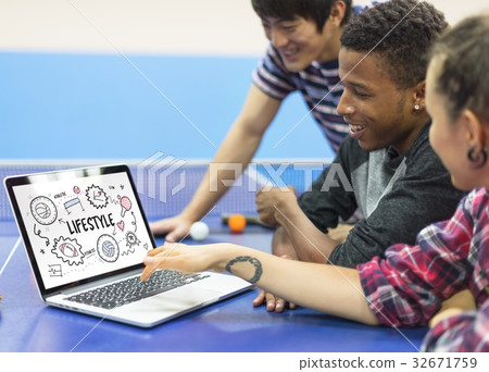 Students working on laptop network graphic overlay Students working on laptop network graphic overlay 32671759