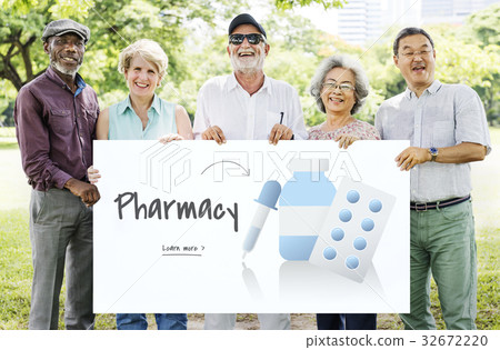 Senior people holding billboard network graphic overlay Senior people holding billboard network graphic overlay 32672220