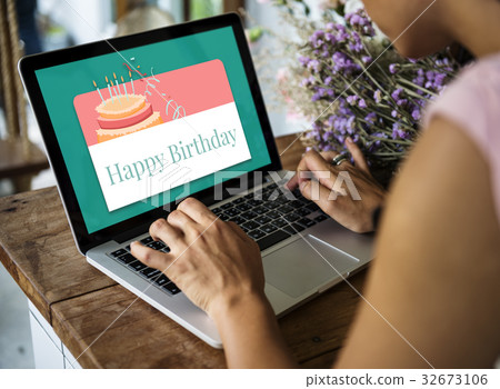 Illustration of birthday party event celebration with cake on laptop 32673106