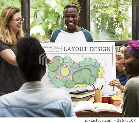 Students working on banner network graphic overlay 32673107