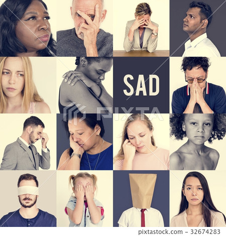 Collage of people face expression worried unhappy Collage of people face expression worried unhappy 32674283