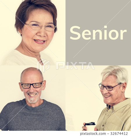 Set of Diversity Senior Adult People Face Expression Studio Coll 32674412